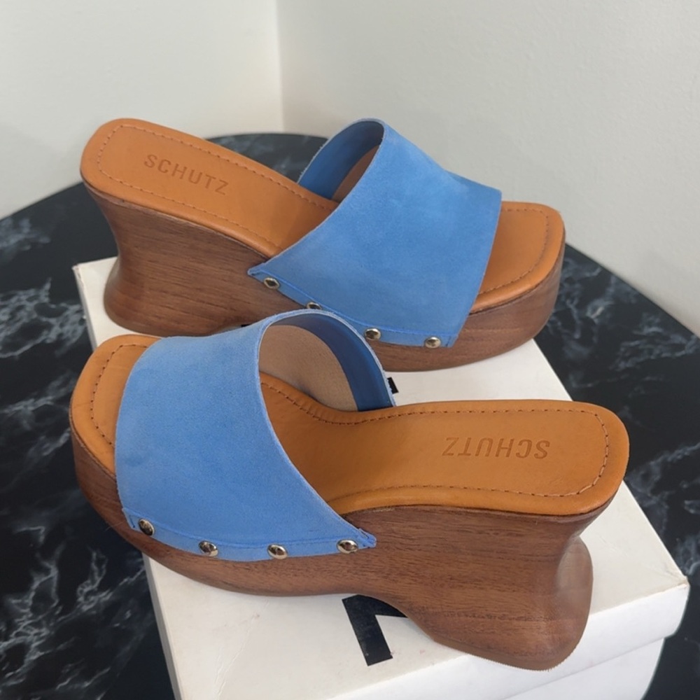 Schutz Blue Suede Wedge Heel Clog Sandals Lanneh Women's Size 8 AUTHENTIC NEW - Picture 8 of 9